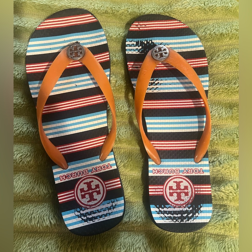 Tory Burch Striped Flip Flop Sandals Orange Logo Beach Resort 8